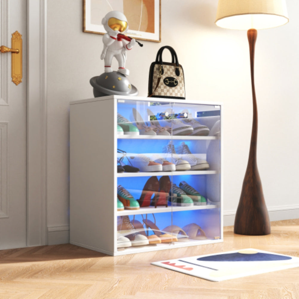 4 Tier RGB LED Shoe Box with Glass Door in White