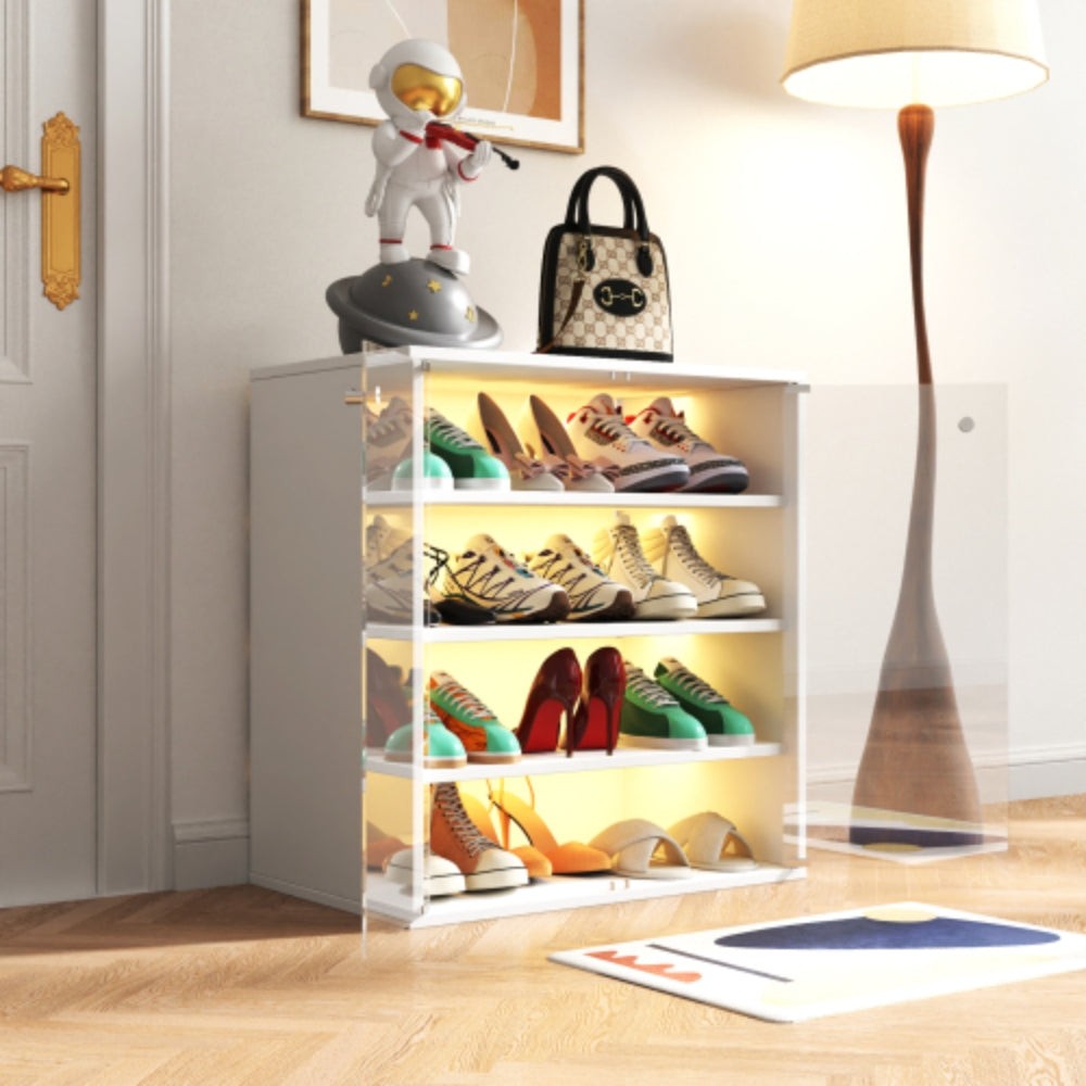 4 Tier RGB LED Shoe Box with Glass Door in White