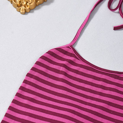 Striped Halter Neck Outfit - Crop Top Shorts Set