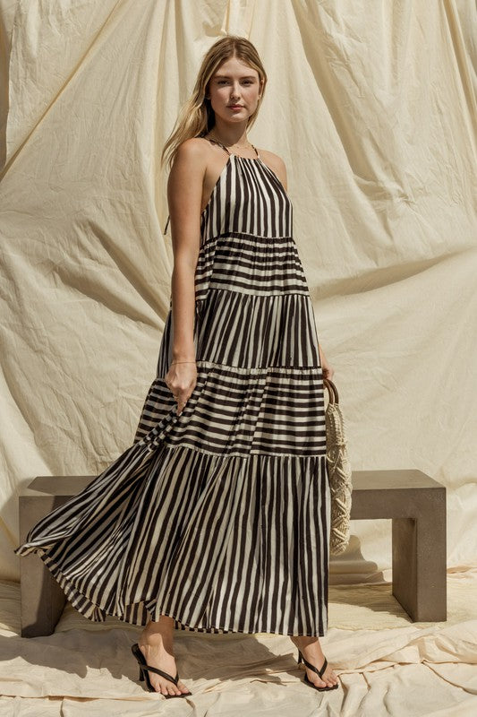 Sleeveless Stripe Maxi Tiered Maxi Dress