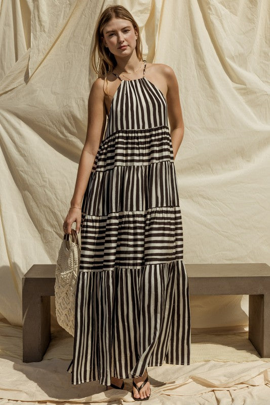 Sleeveless Stripe Maxi Tiered Maxi Dress