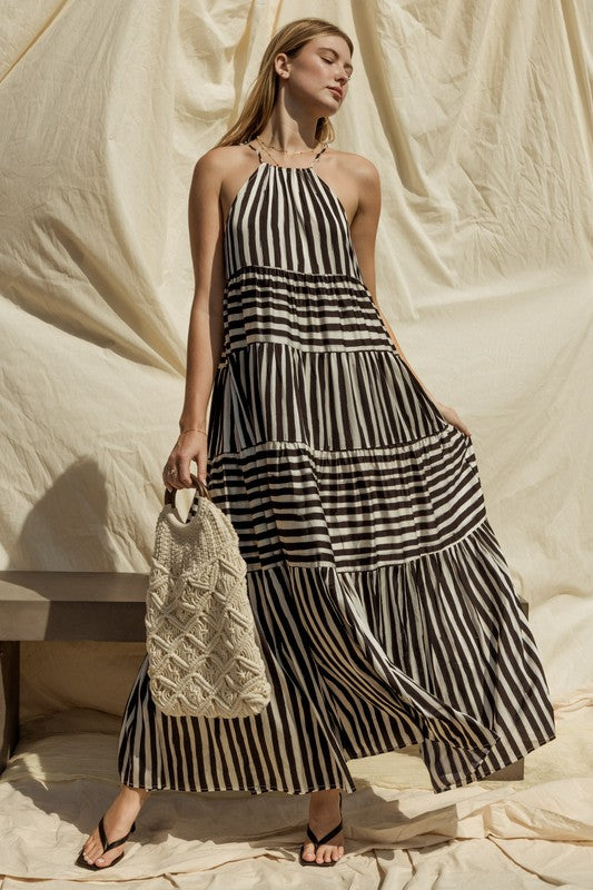 Sleeveless Stripe Maxi Tiered Maxi Dress