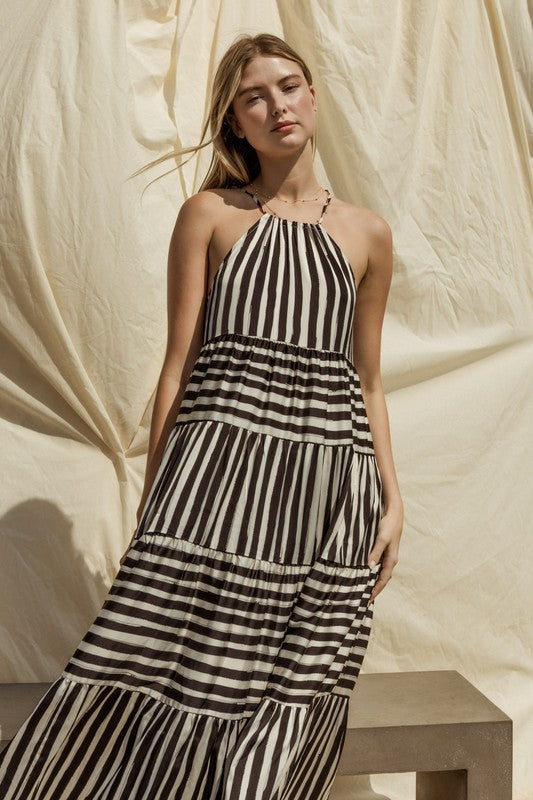 Sleeveless Stripe Maxi Tiered Maxi Dress