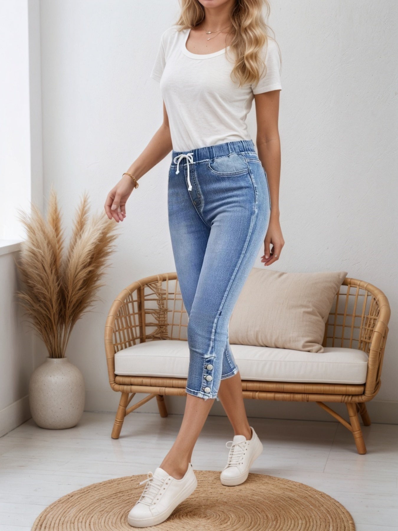 Drawstring Capri Jeans - Split Button Hem Style - Fashions Envy