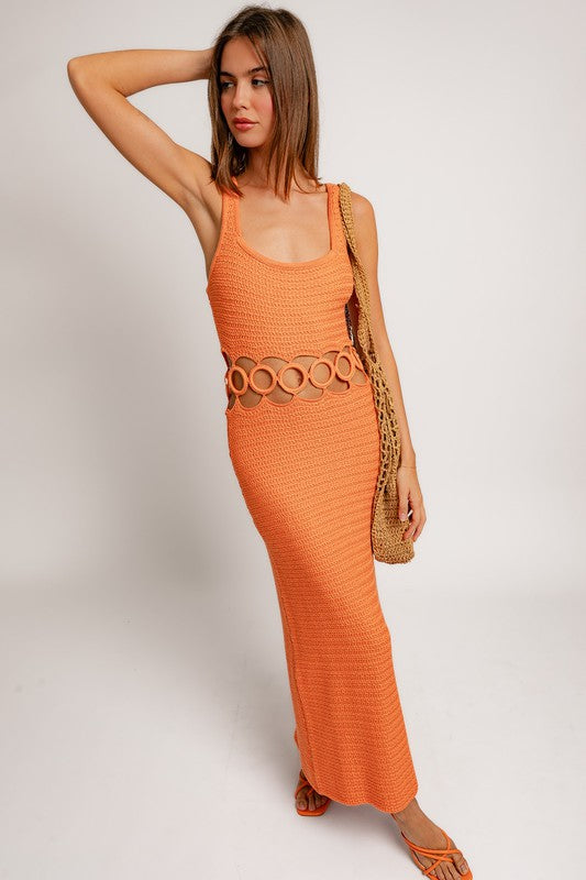 Boho Style Square Neck Sleeveless Crochet Midi Dress