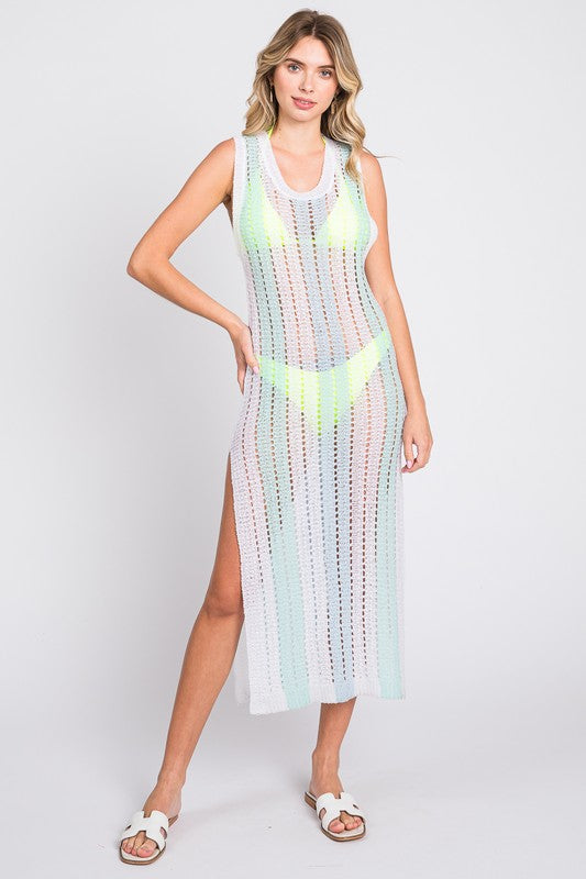 Crochet Beach Striped Side Slits Cover-Up Dress