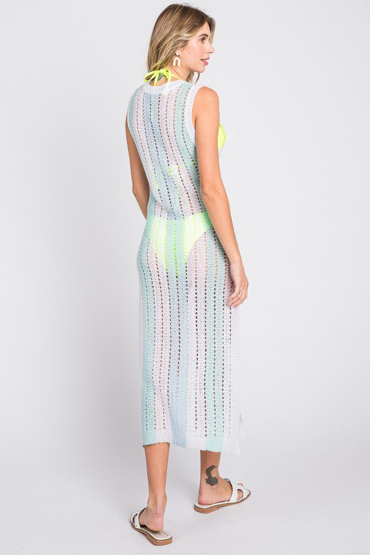 Crochet Beach Striped Side Slits Cover-Up Dress