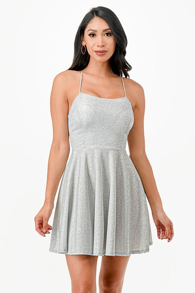 Glittered Fit and Flare Mini Dress with Crisscross Spaghetti Straps