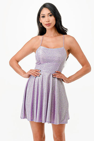 Glittered Fit and Flare Mini Dress with Crisscross Spaghetti Straps