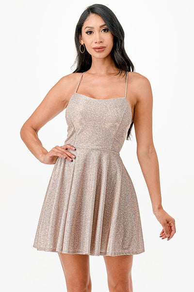 Glittered Fit and Flare Mini Dress with Crisscross Spaghetti Straps