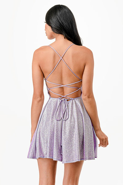 Glittered Fit and Flare Mini Dress with Crisscross Spaghetti Straps