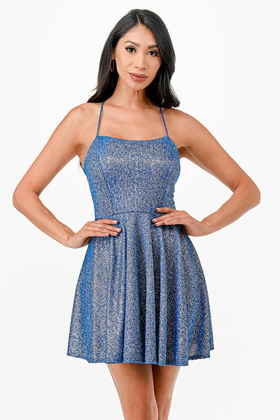 Glittered Fit and Flare Mini Dress with Crisscross Spaghetti Straps