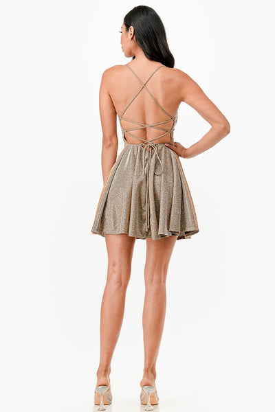 Glittered Fit and Flare Mini Dress with Crisscross Spaghetti Straps