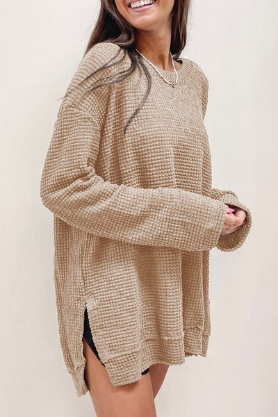 Waffle Knit Drop Sleeve Side Slits Oversized Top - Fashions Envy
