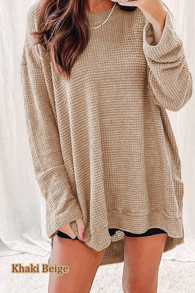 Waffle Knit Drop Sleeve Side Slits Oversized Top - Fashions Envy