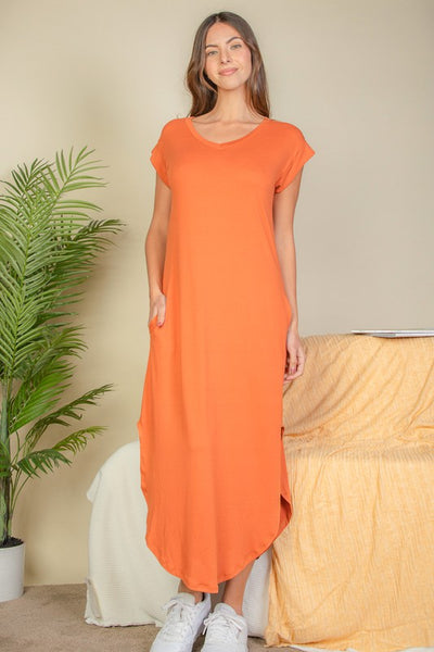 Loose Fit Hidden Pocket Batwing Sleeve V Neck Long Dress - Fashions Envy