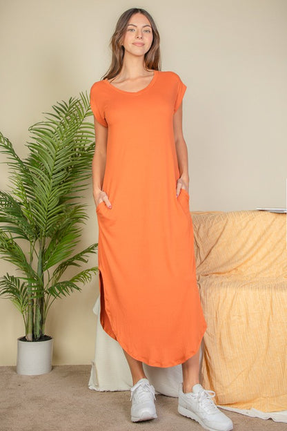 Loose Fit Hidden Pocket Batwing Sleeve V Neck Long Dress