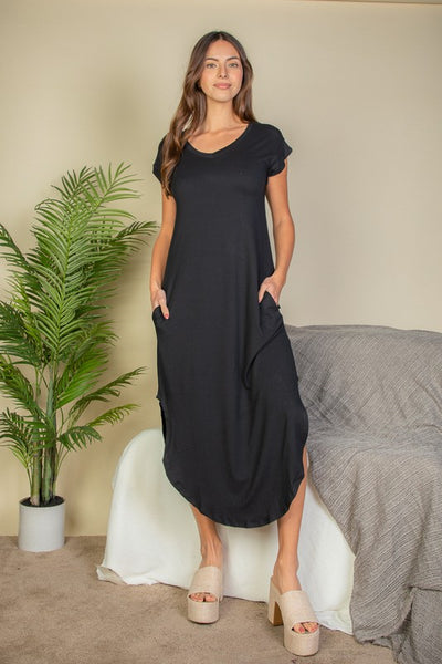 Loose Fit Hidden Pocket Batwing Sleeve V Neck Long Dress - Fashions Envy