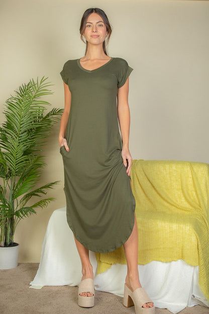 Loose Fit Hidden Pocket Batwing Sleeve V Neck Long Dress