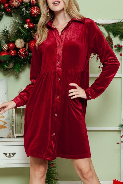 Button Down Velvet Long Sleeve Mini Dress