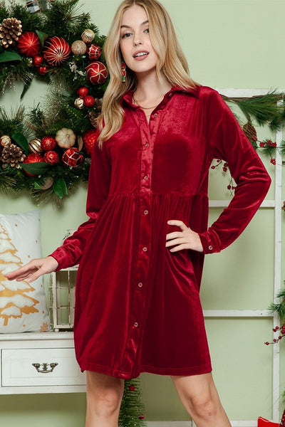 Button Down Velvet Long Sleeve Mini Dress