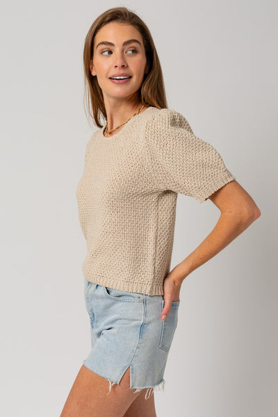 Puff Sleeve Round Neck Texture Sweater Top - Fashions Envy