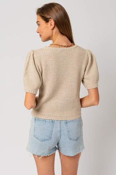 Puff Sleeve Round Neck Texture Sweater Top - Fashions Envy