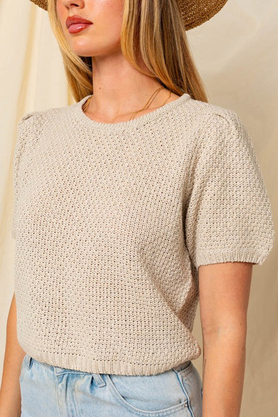 Puff Sleeve Round Neck Texture Sweater Top - Fashions Envy