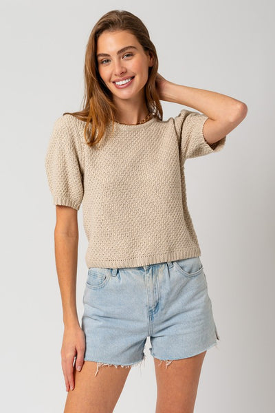 Puff Sleeve Round Neck Texture Sweater Top - Fashions Envy
