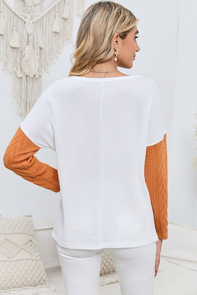Cable Knit Color Block Round Neck Sweater - Fashions Envy