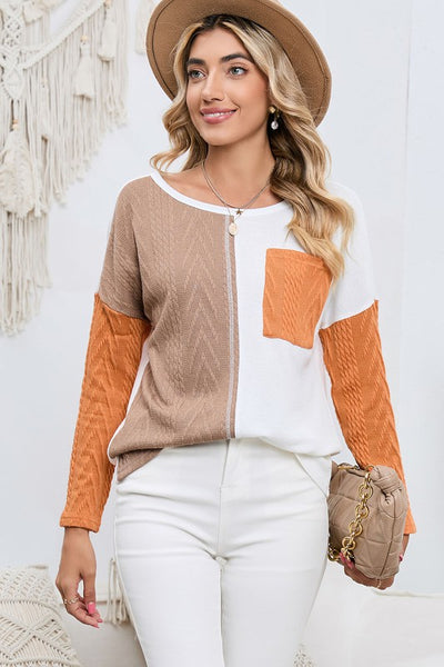 Cable Knit Color Block Round Neck Sweater - Fashions Envy