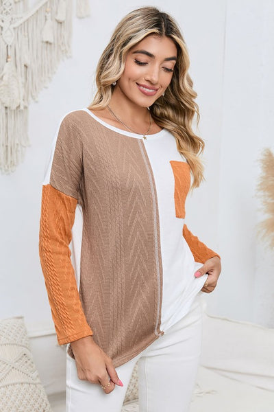 Cable Knit Color Block Round Neck Sweater - Fashions Envy