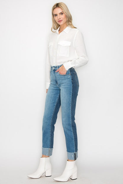 High Rise Two Tone Ankle Length Denim Jeans