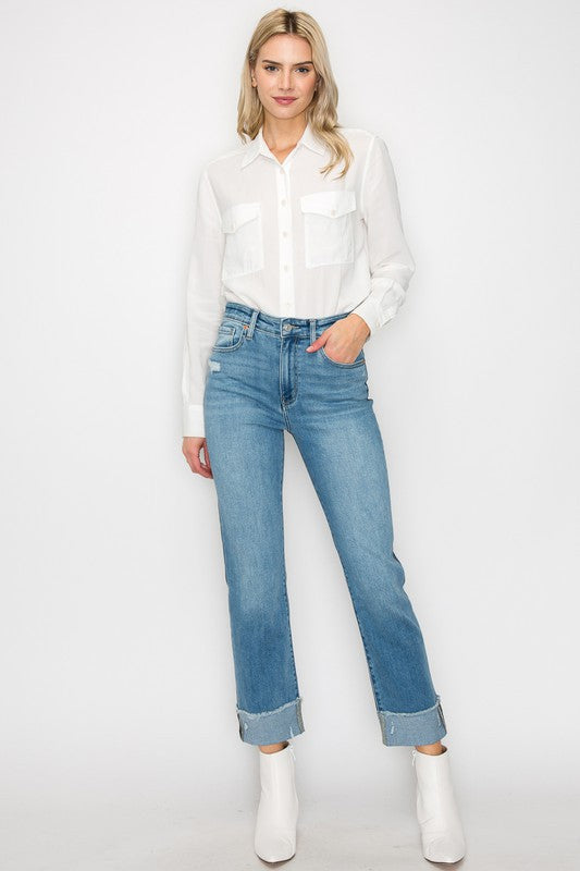 High Rise Two Tone Ankle Length Denim Jeans