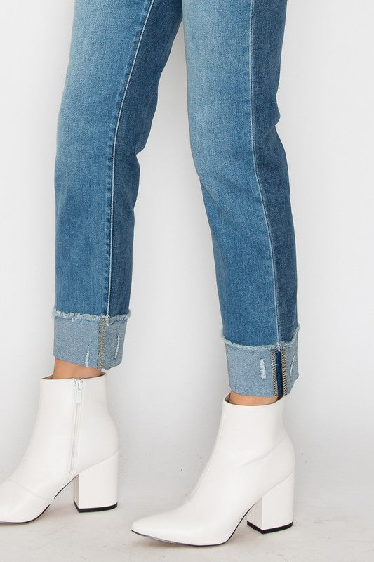 High Rise Two Tone Ankle Length Denim Jeans