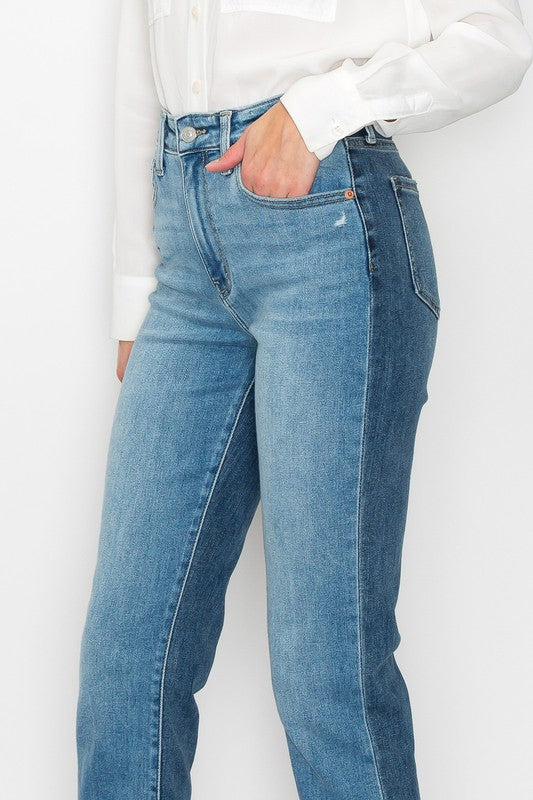 High Rise Two Tone Ankle Length Denim Jeans