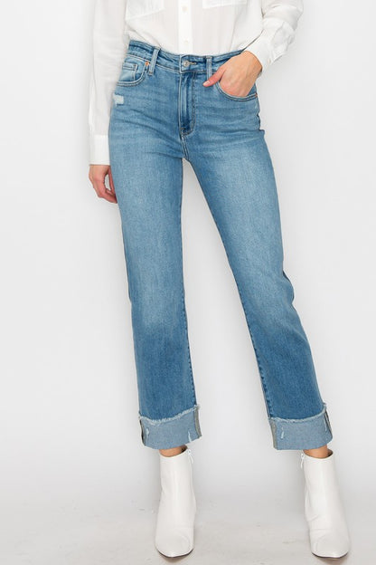 High Rise Two Tone Ankle Length Denim Jeans