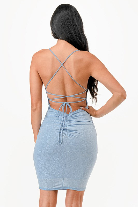 Glittered Back Lace Up Mini Dress with Waist Shirring