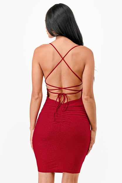 Glittered Back Lace Up Mini Dress with Waist Shirring