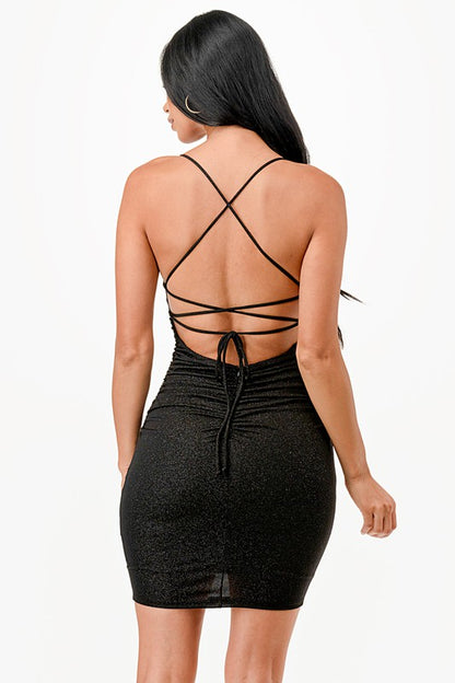 Glittered Back Lace Up Mini Dress with Waist Shirring