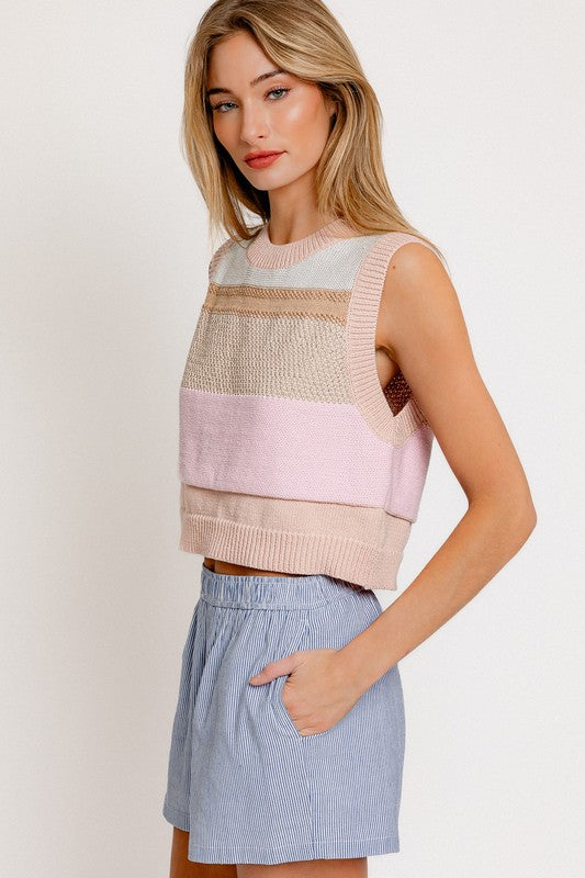 Color Stripes Round Neck Sleeveless Sweater Vest