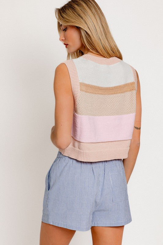 Color Stripes Round Neck Sleeveless Sweater Vest