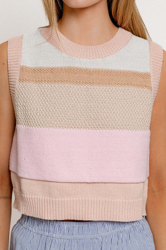 Color Stripes Round Neck Sleeveless Sweater Vest