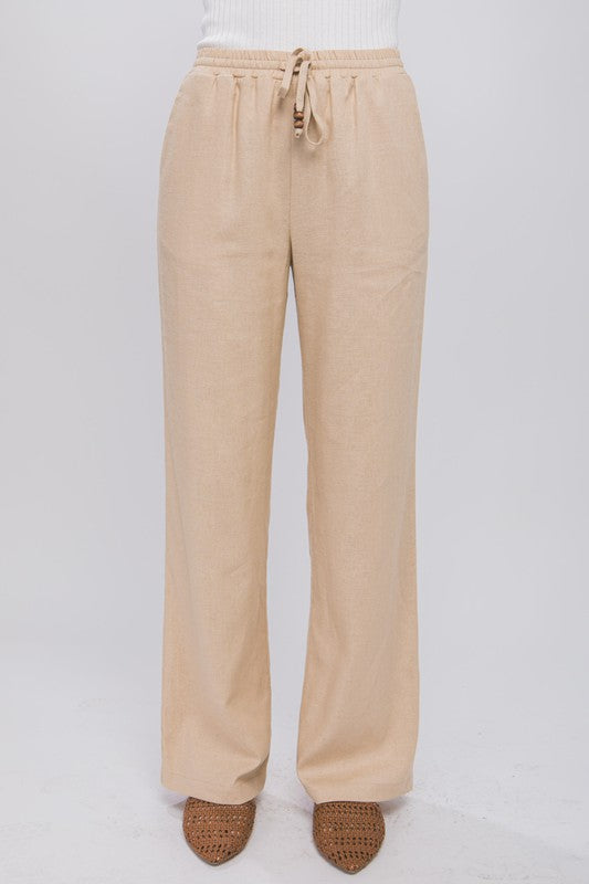 Linen Drawstring Waist Casual Long Pants with Pockets