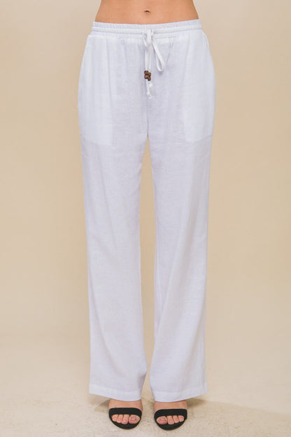 Linen Drawstring Waist Casual Long Pants with Pockets