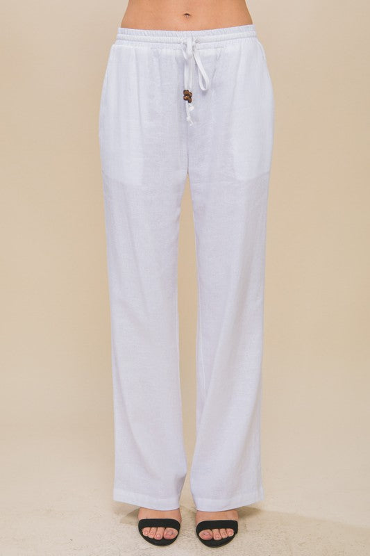 Linen Drawstring Waist Casual Long Pants with Pockets