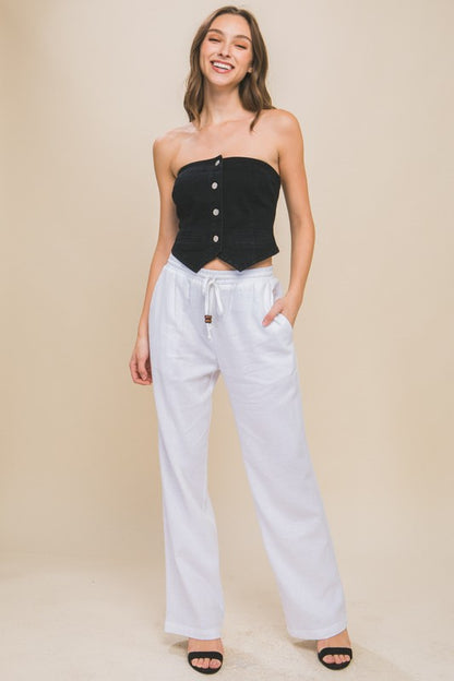 Linen Drawstring Waist Casual Long Pants with Pockets