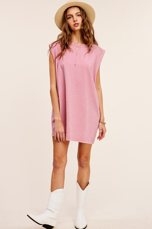 Mineral Washed Sleeveless Mini Dress with Side Pockets