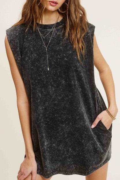 Mineral Washed Sleeveless Mini Dress with Side Pockets