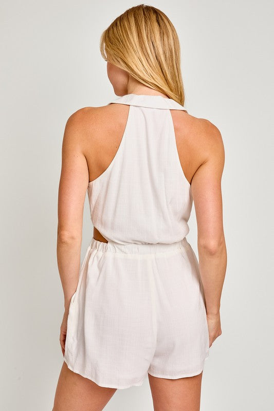 White Regular Fit Collared Casual Sleeveless Romper